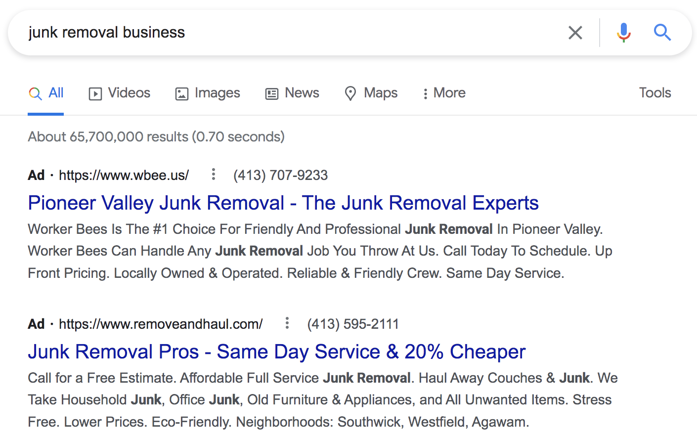 Google Search Ads for “Junk Removal Company”