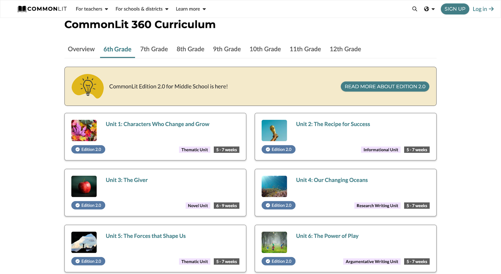 6th Grade CommonLit 360 Curriculum unit page