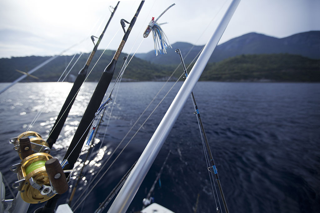 Two rods troll behind a fishing boat in the sea, with mountains in the background