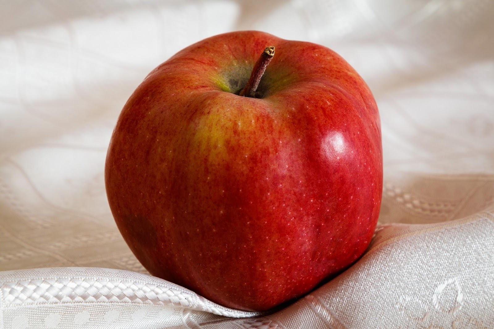白い布の上に乗った、赤いリンゴ１個の画像です。