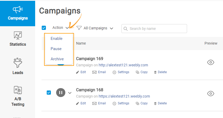 Taking Bulk Action on pop up campaigns