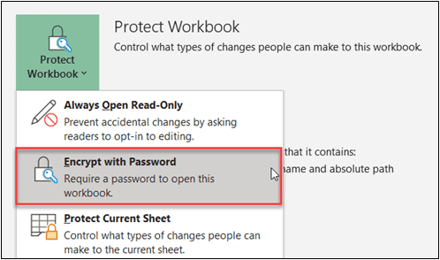 Select Encrypt with Password - Protect cells in Excel