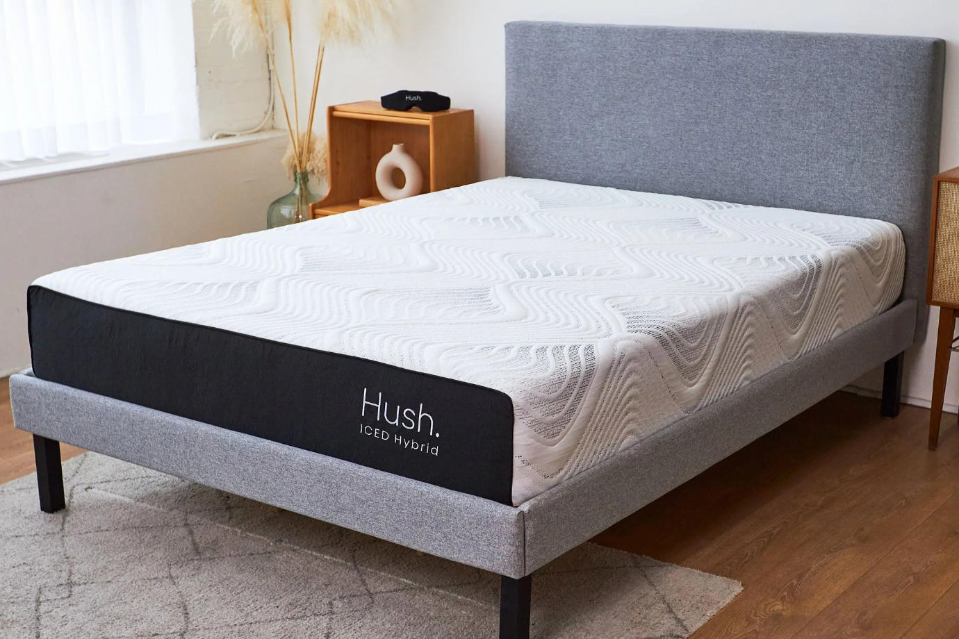 Hush Iced Hybrid Mattress on a gray bed frame