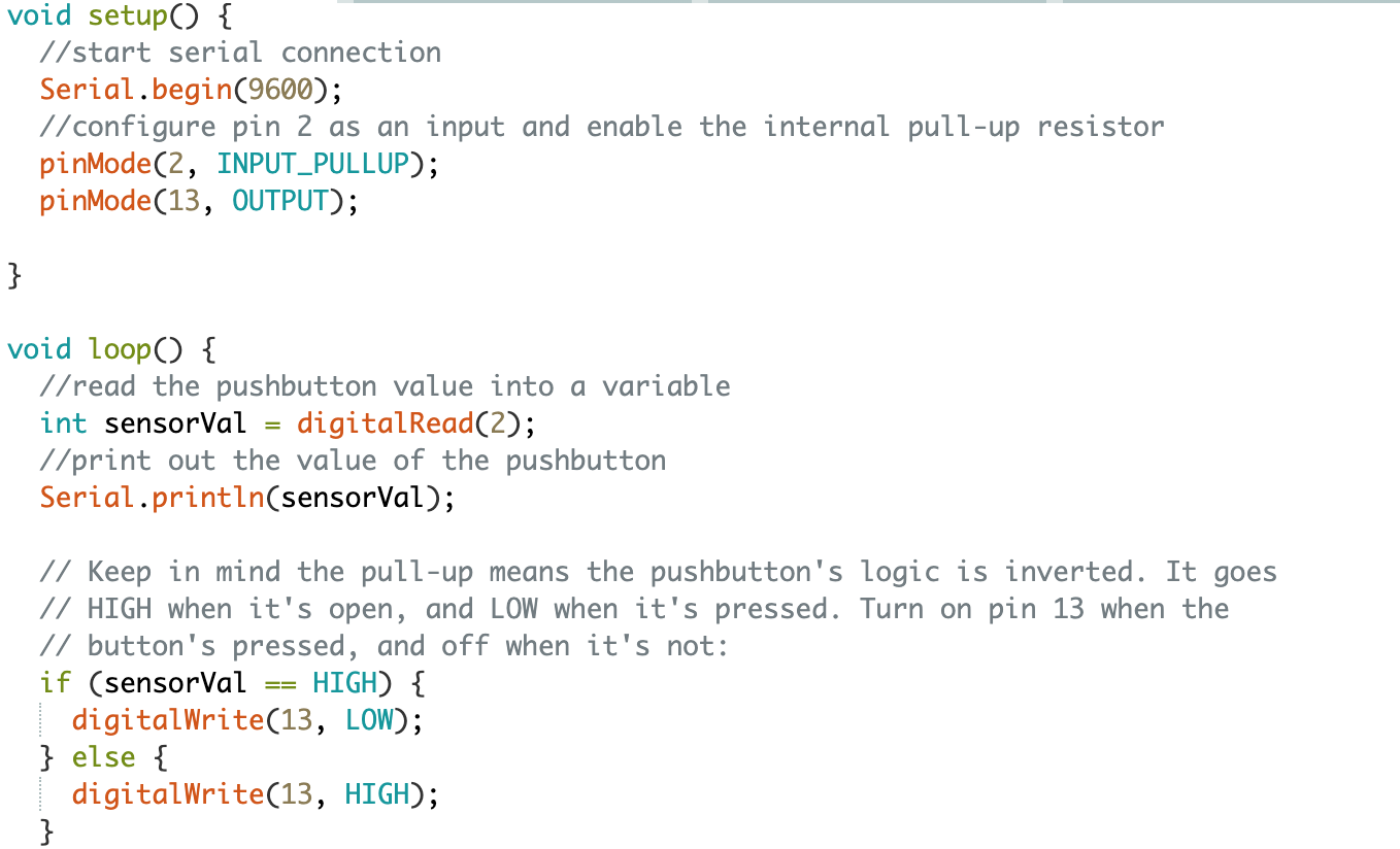 A snippet of the Arduino code for configuring the board’s internal pull-up resistor