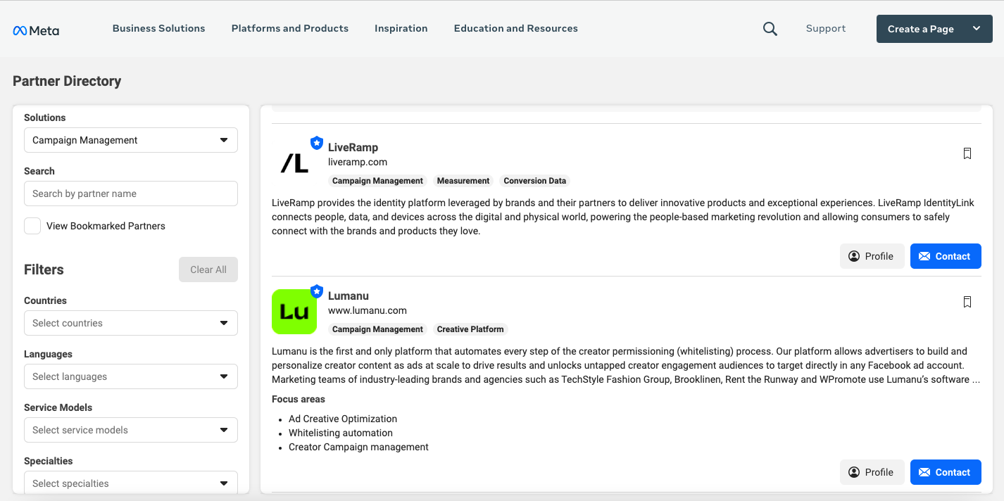 screenshot of meta partner directory page