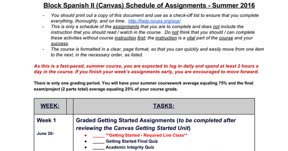 Block Spanish II Schedule of Assignments - Canvas - Summer 2016
