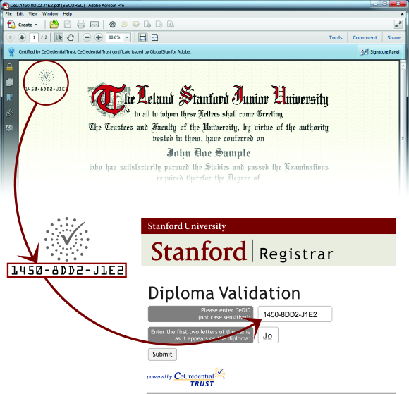 image showing how to find the 12-digit Certified Electronic Document ID (CeDiD), along with the first two letters of the name, in order to validate the CeDiploma