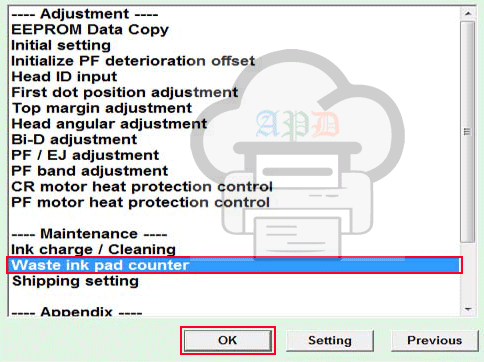 Choose the option “Waste ink pad counter” with ‘OK’.