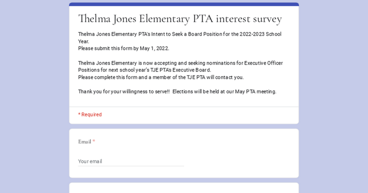 Thelma Jones Elementary PTA interest survey
