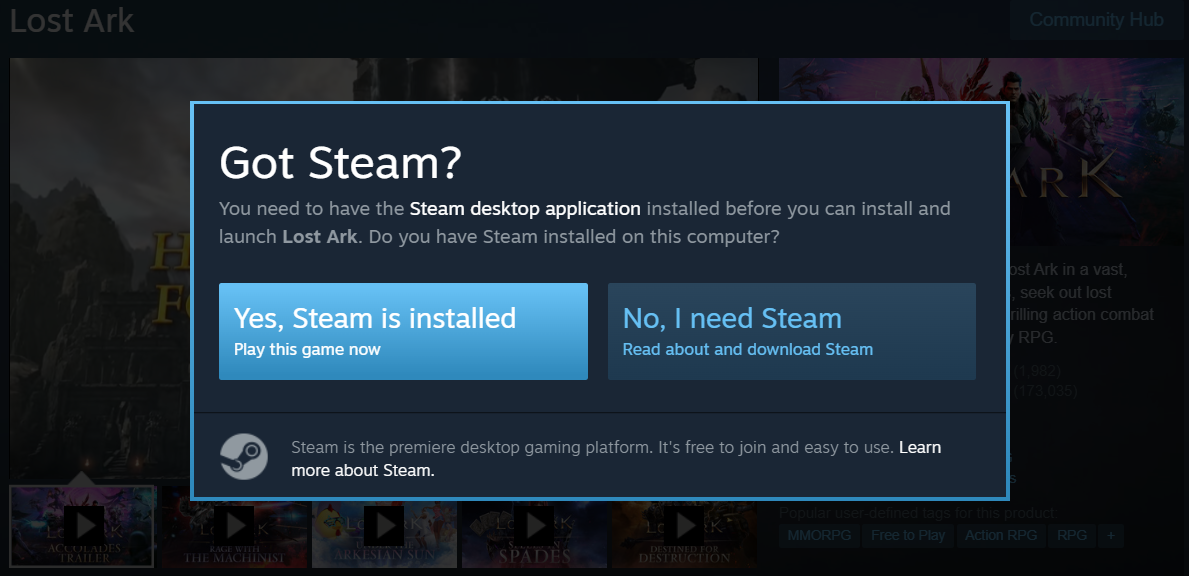 Steam desktop application installation confirmation