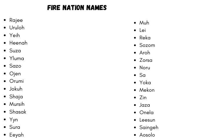Avatar Fire Nation Names