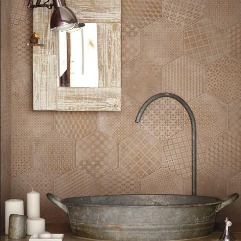 terracotta tiles create rustic or rugged feel in bathroom