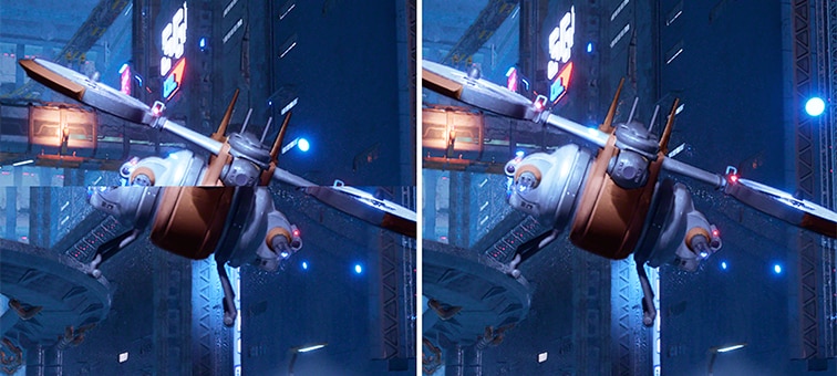 Dual screen image of spaceship flying through city with image on left showing screen tearing and image on right showing no screen tearing