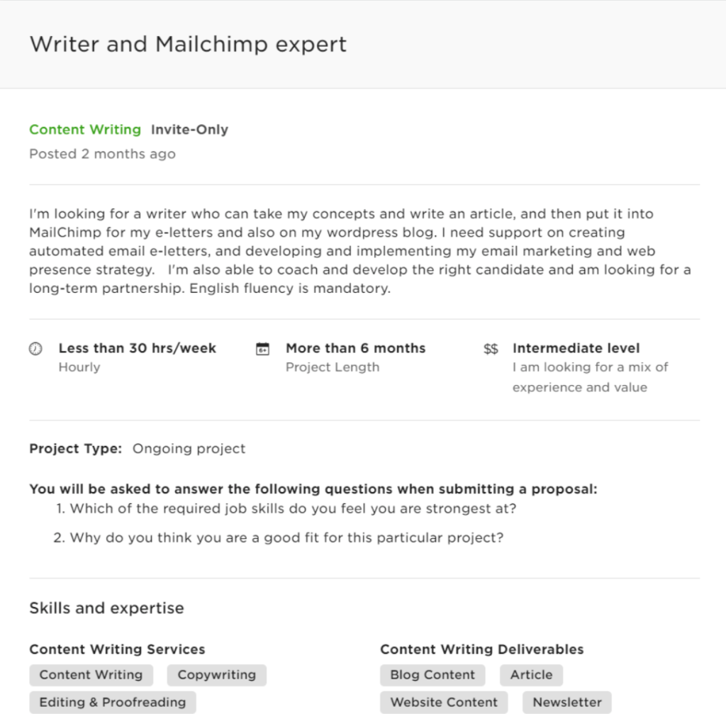 upwork proposal sample - freelance copywriting remote job