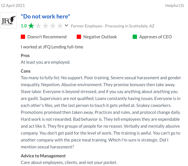 JFQ lending reviews by employees