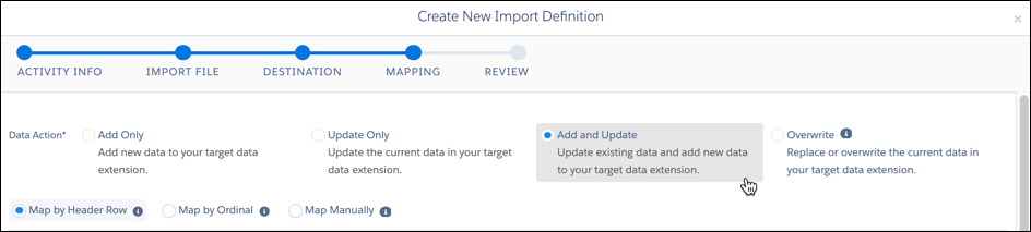 Add and Update and Map by Header Row selected in import definition.