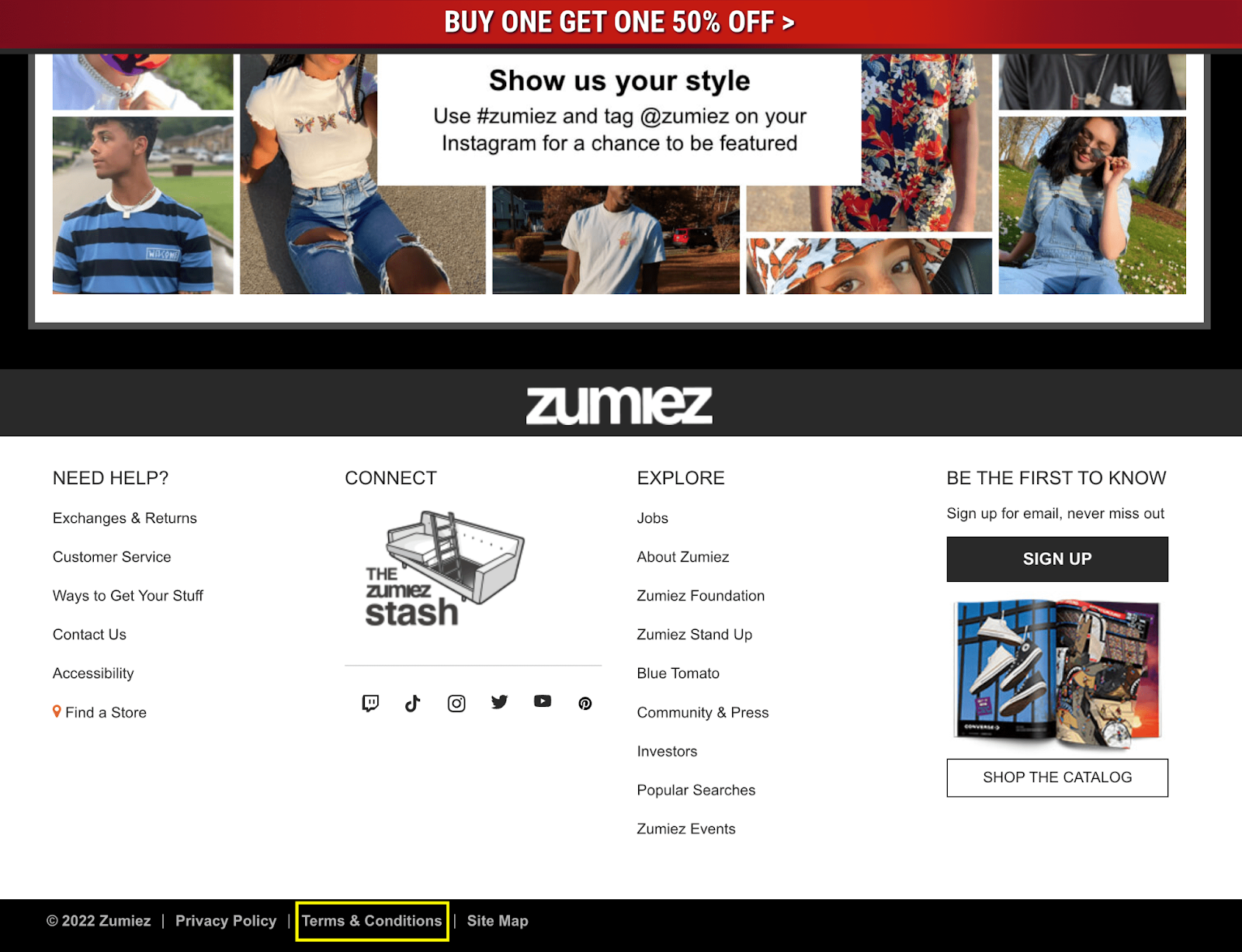 Terms & Conditions links are typically found in the website footer, such as Zumiez.