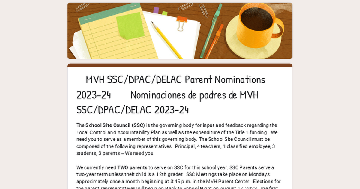MVH SSC/DPAC/DELAC Parent Nominations 2023-24 Nominaciones de padres de MVH SSC/DPAC/DELAC 2023-24