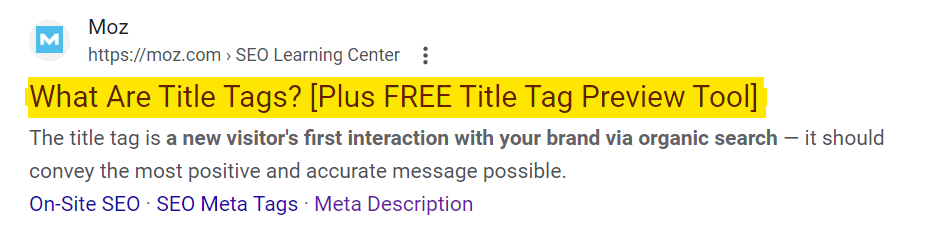 An image of title tag highlighted from MOZ