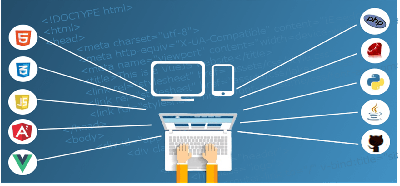 Graphic of hands typing on a computer, pointing out to symbols of different web application companies