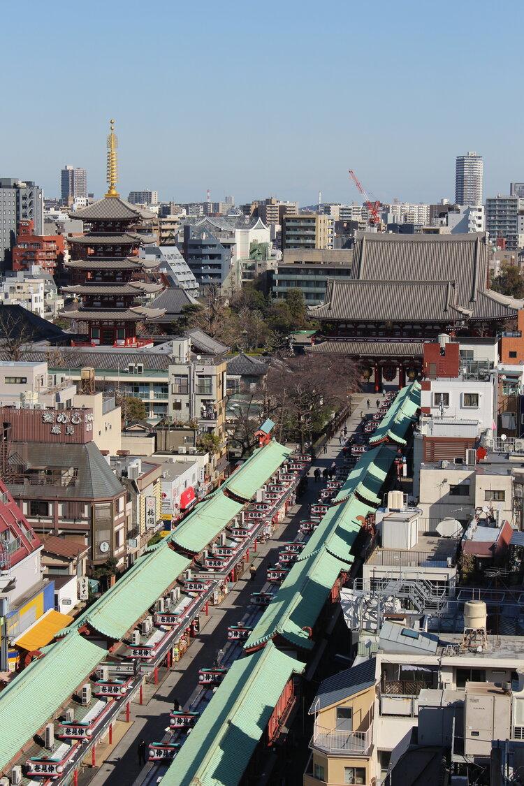 You can see the entire walkway of Nakamise Shopping Street followed by the Hozomon Gate and Senso-ji Temple in the very back. Pictured in the back left is the five-storied pagoda of Senso-ji.