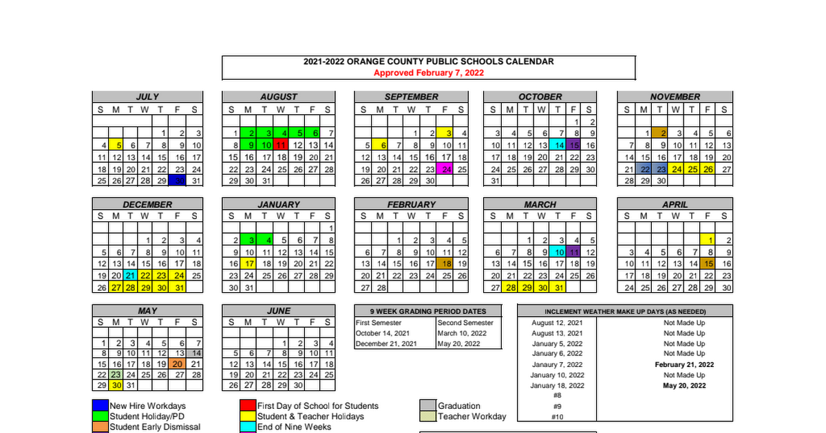 Orange County 2022 Calendar Revised 2021-22 School Calendar - Approved Feb. 7, 2022.Pdf - Google Drive