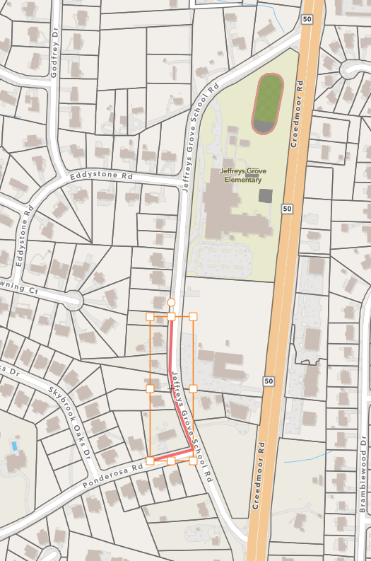 Map of Jeffreys Grove School Rd area with markings to indicate where no sidewalk is present
