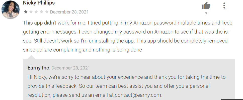1-star Earny review says the app didn't work for them and they got stuck in an error message loop when connecting to Amazon. 