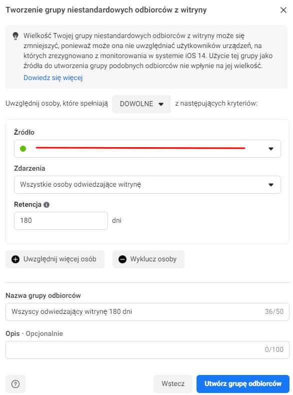 Grupa odbiorców Facebook czas retencji