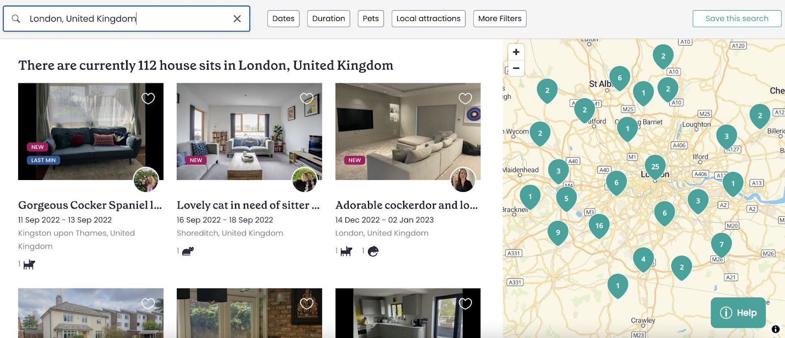 A screenshot of the Trusted House Sitters search page with results for London, United Kingdom