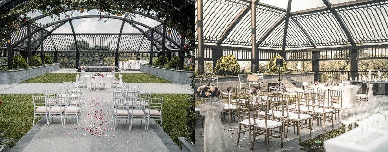 Rooftop outdoor wedding venue with white chairs and modern white theme for garden wedding