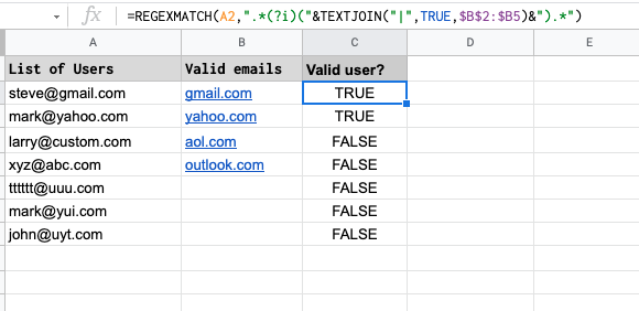 Google sheets if cell contains text from list example