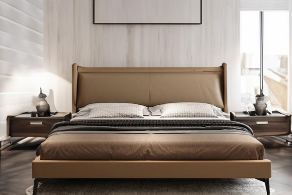 A brown queen bed frame uphosltered in leatherette, with a mid-century style headboard and steel legs.