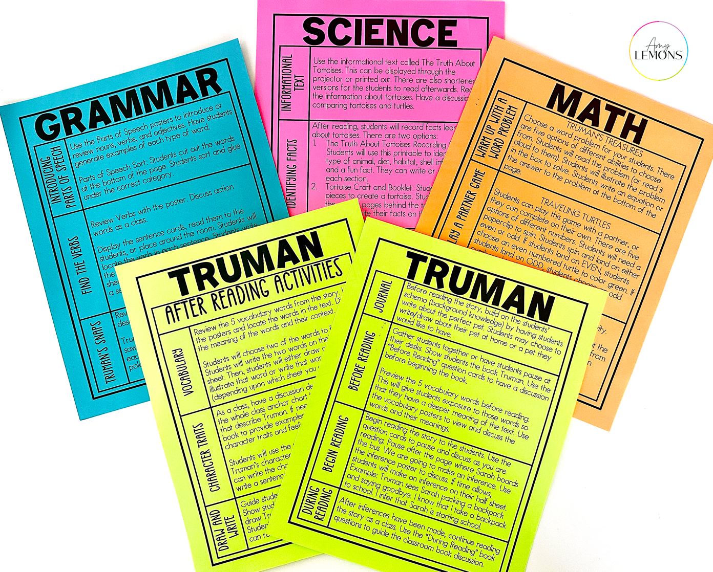 Colorful reading printables in green, pink, orange and blue for the book Truman.