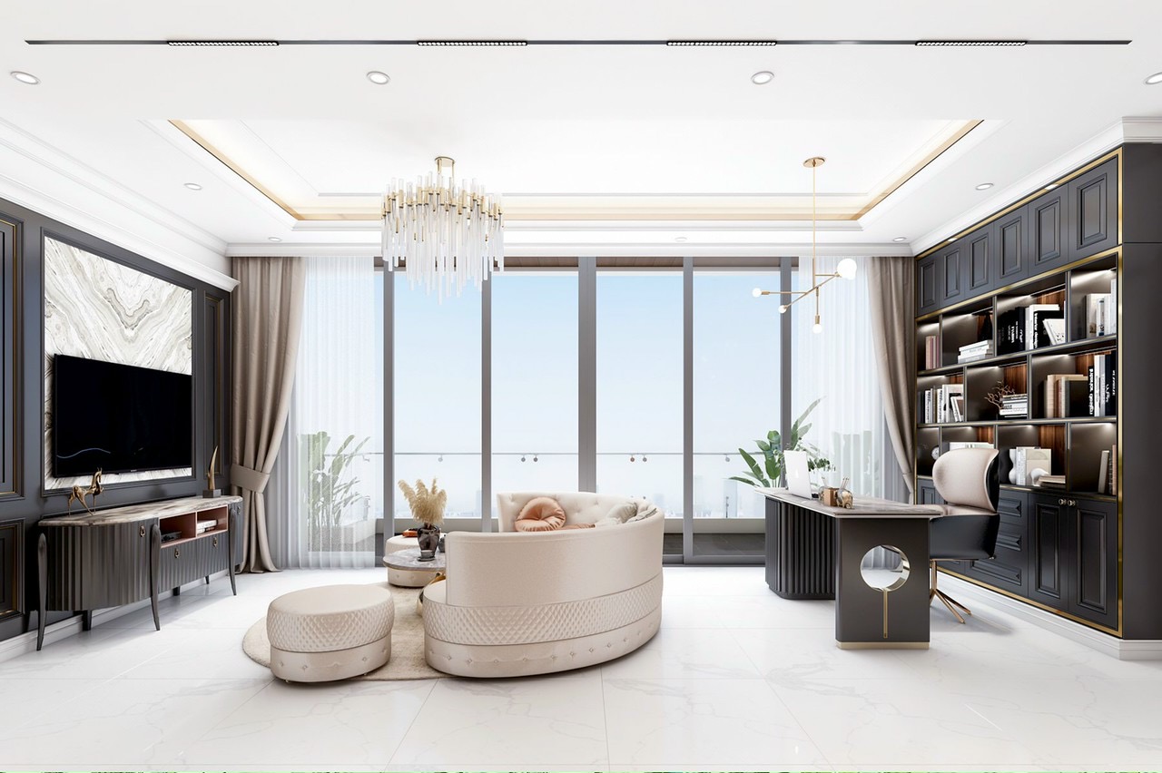 Bàn làm việc và tủ sách sẽ được đặt phía sau bàn ghế sofa