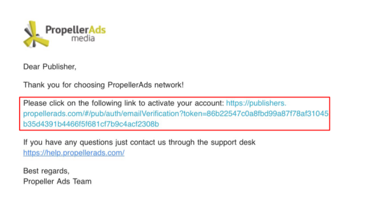 propeller ads verification email