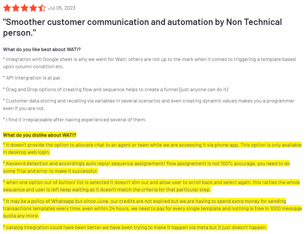 WhatsApp Bulk Message Sender, WhatsApp Business API and Messaging Solution Providers | Wati customer review highlighting its pros and cons