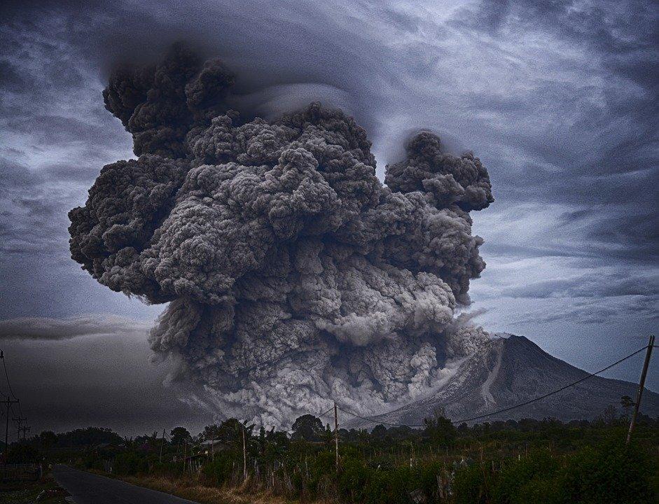 A volcano erupting gases at its full vigour.