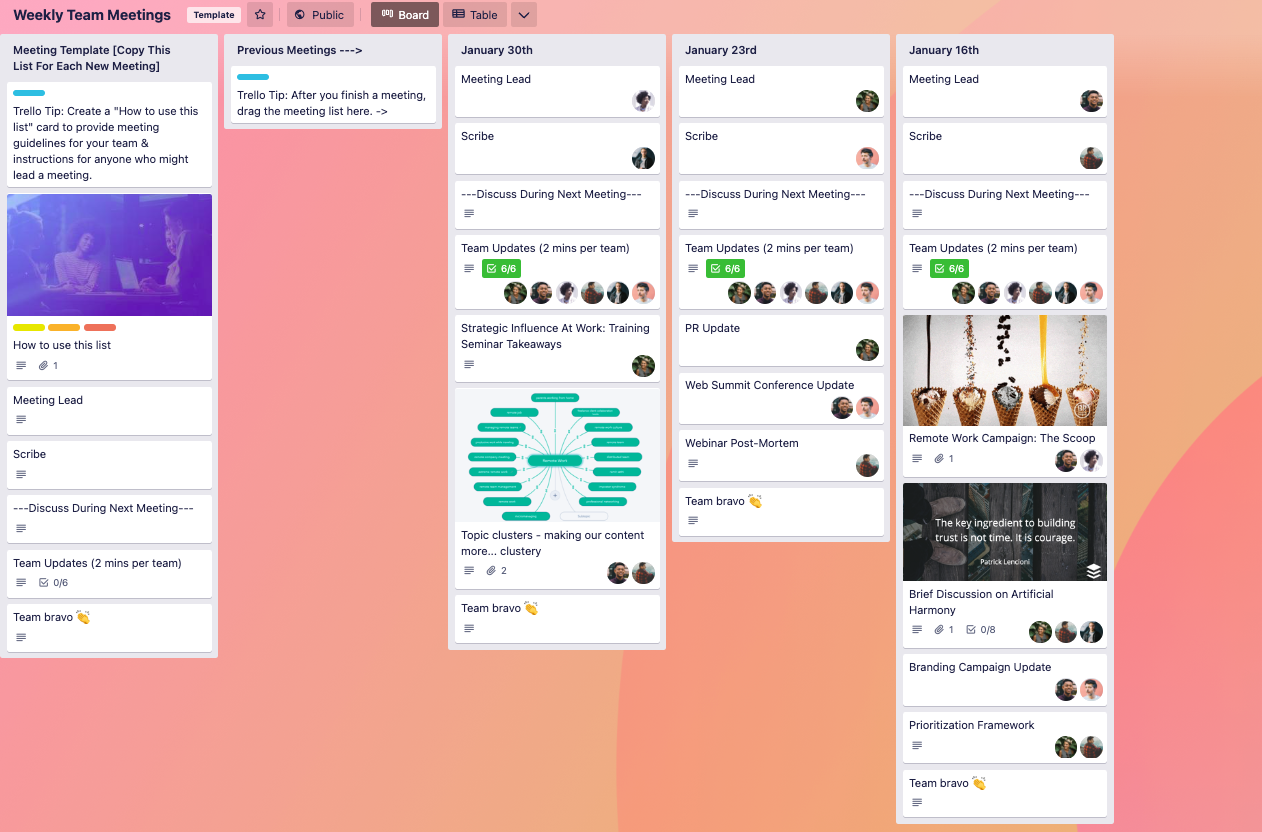 Trello’s Weekly Team Meeting agenda template helps you structure your meetings and ensure no important topics are forgotten. 