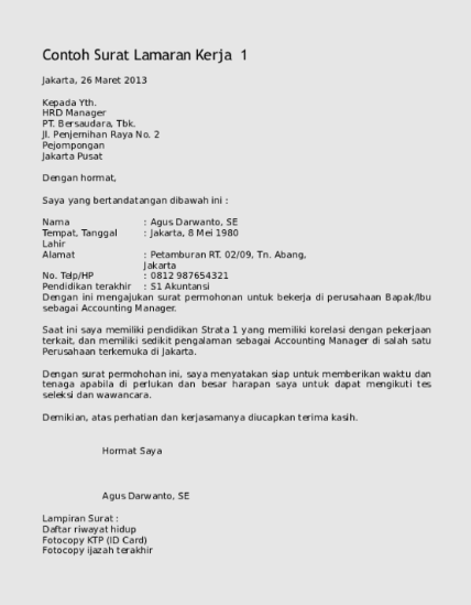 Contoh Surat Lamaran Kerja Sebagai Staf Manager