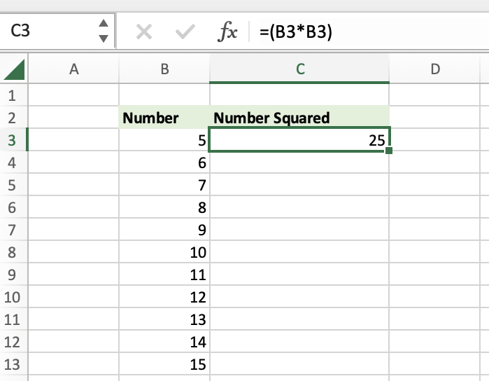 Two-sided chart with numbers in the left column and squared numbers in the right columns