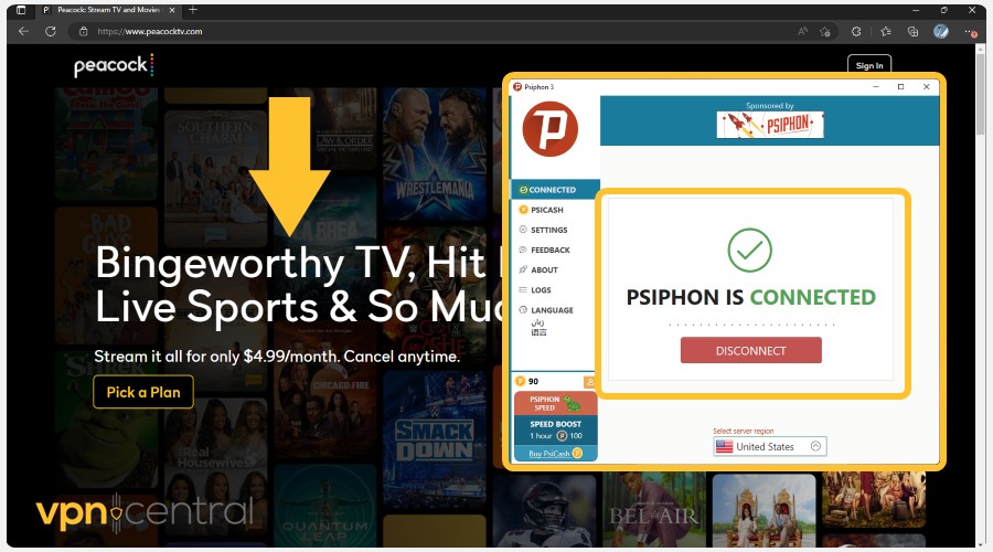 peacock tv unblocked in europe with psiphon