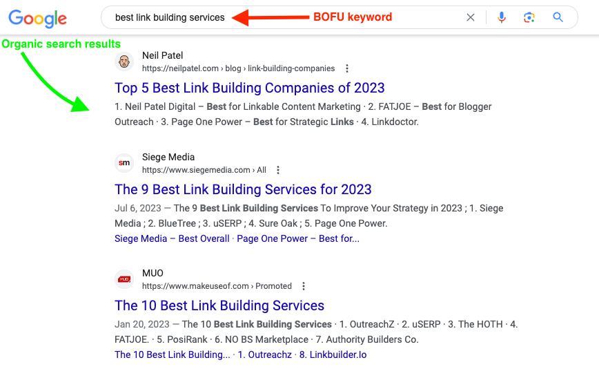 Example of organic search results for the BOFU keyword "best link building services".