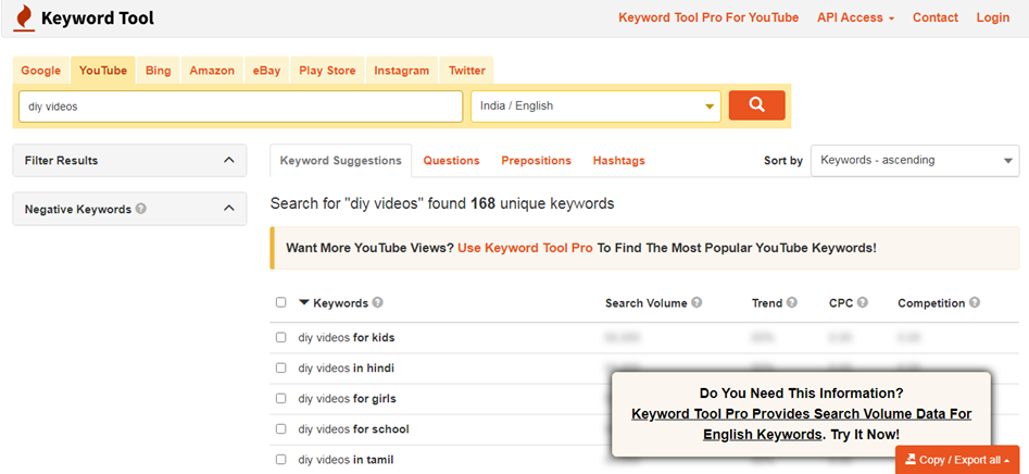 Keywordtool.io youtube keyword research tool