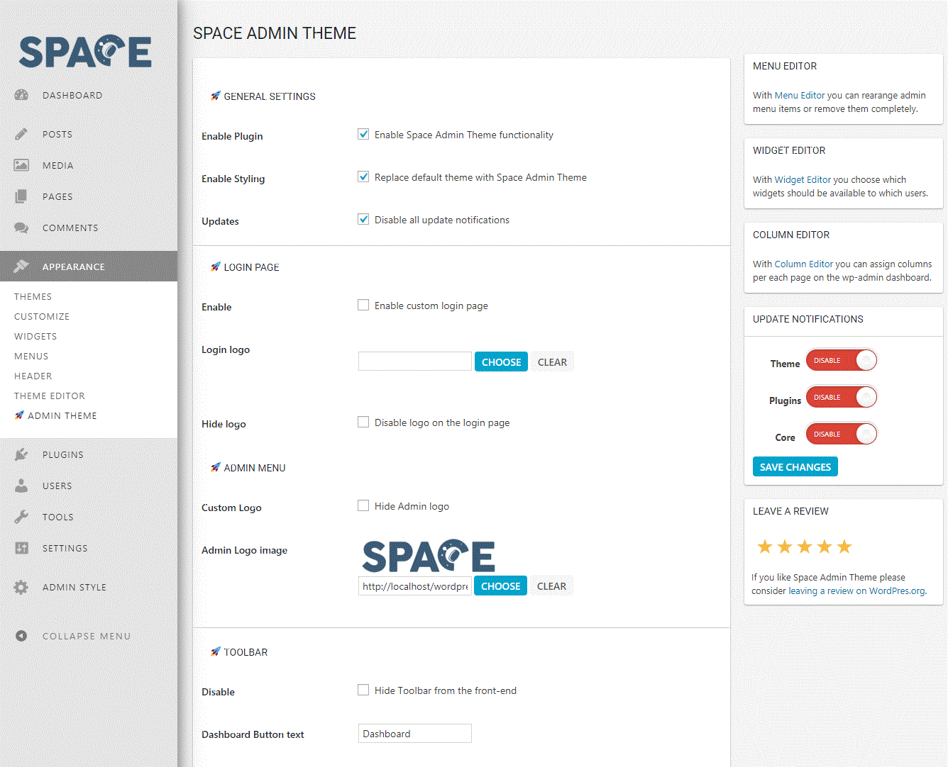 WordPress Admin Dashboard - Space Admin theme