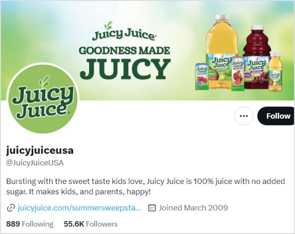 Twitter bio idea- Add keywords-Juicy Juice- example