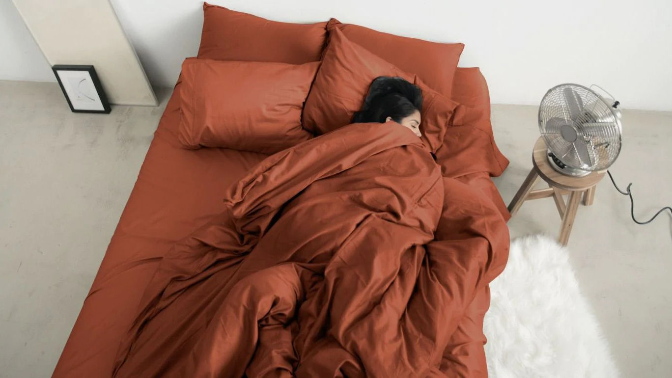 A woman is snuggled under the covers of a brick red set of sheets. An electric fan sits on a stool next to the bed.