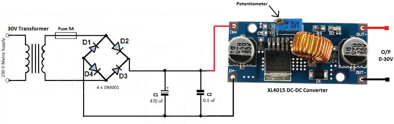Circuit for 0-35V Variable Power Supply Using XL4015 DC-DC Converter