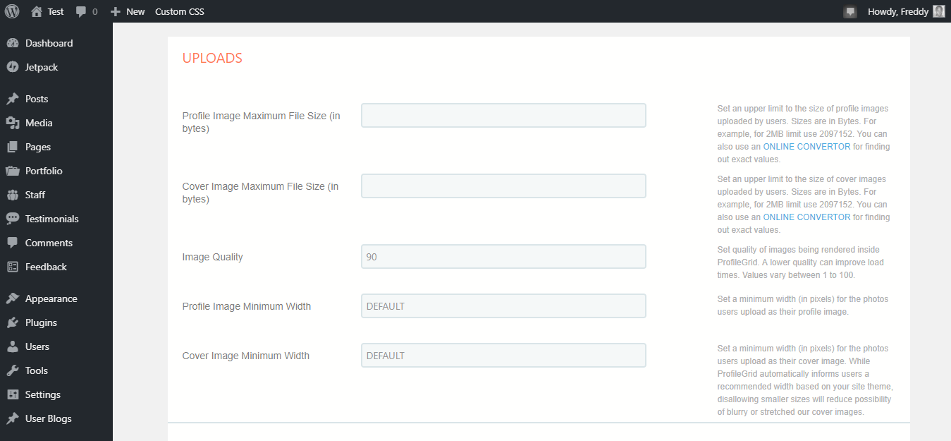 configurações de upload do perfilgrid
