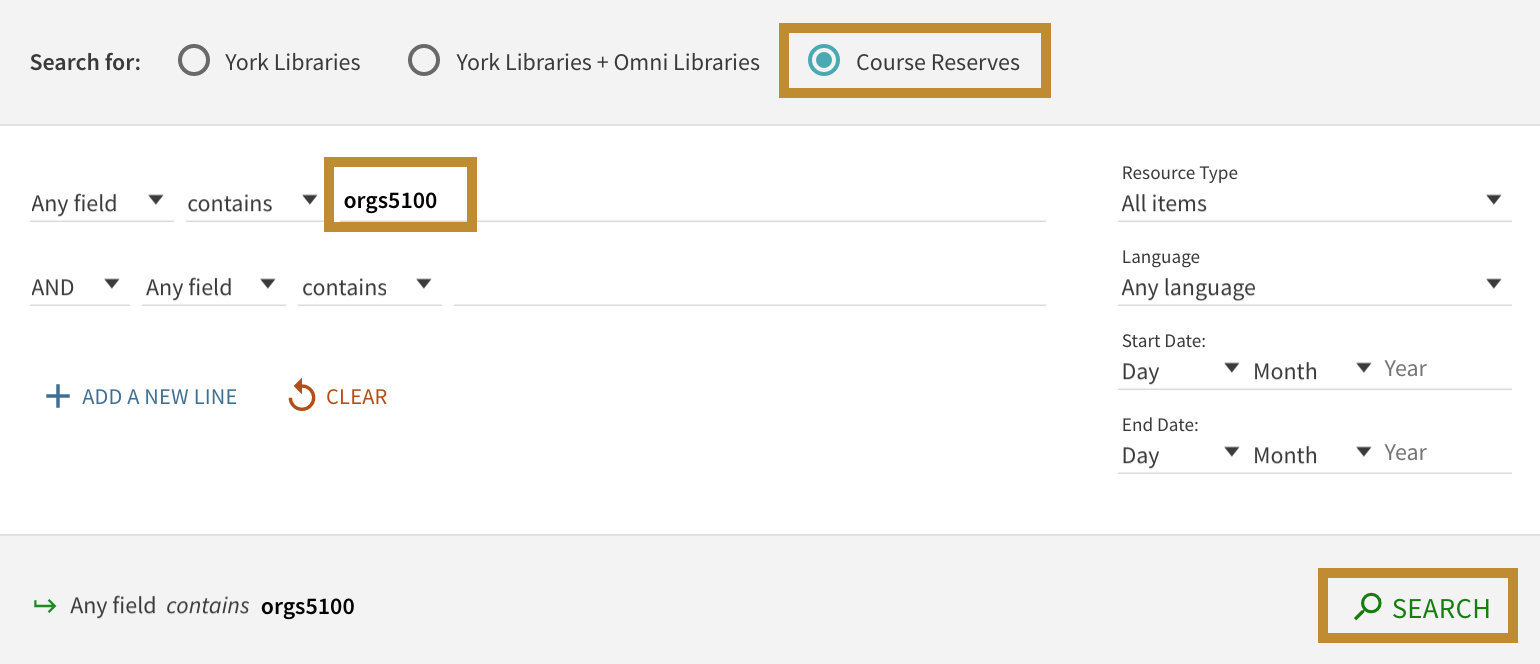 Advanced Omni search with Course Reserves button highlighted and ORGS5100 in first search line